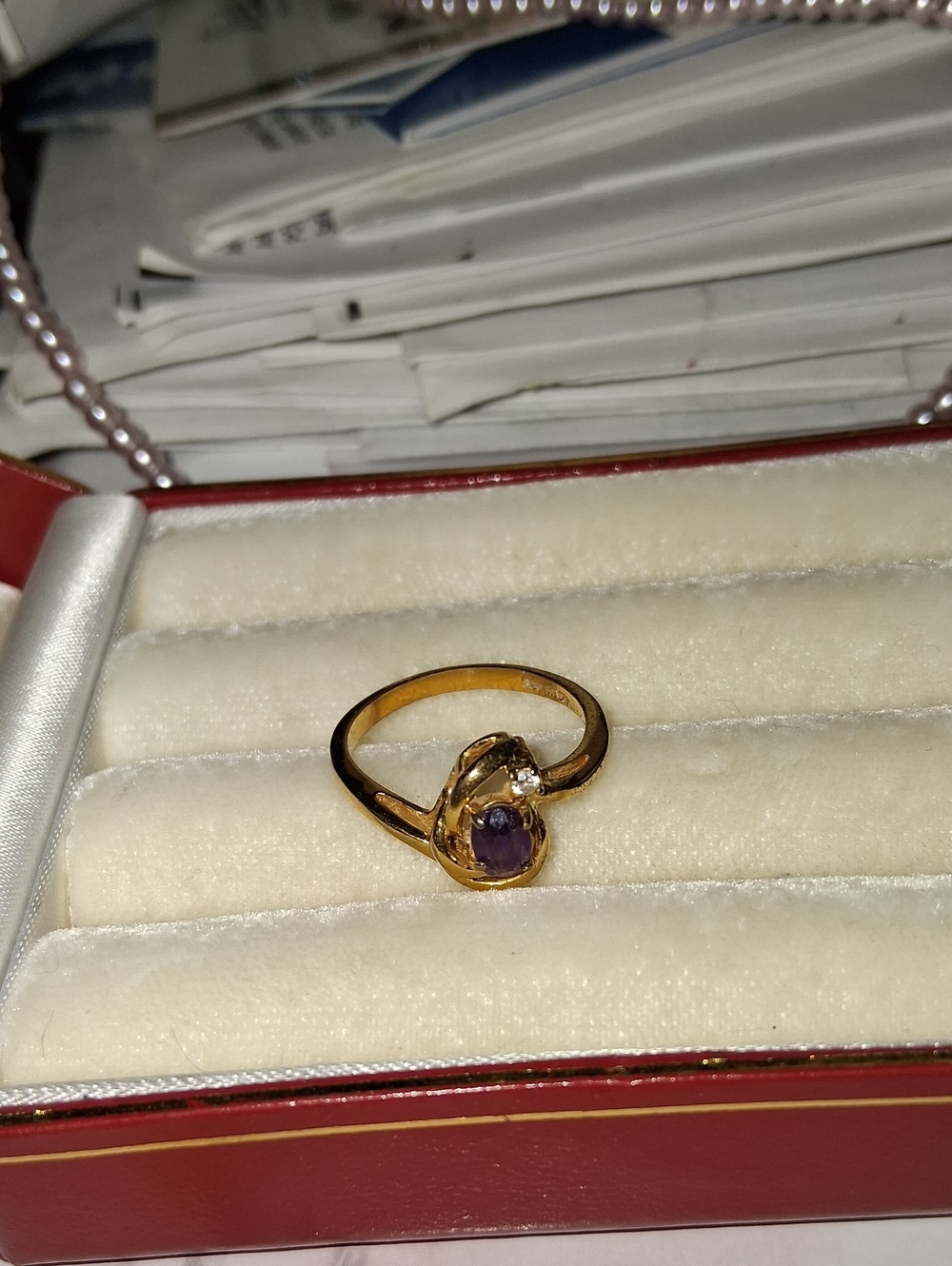 Gold-Plated Ring with Purple Gemstone and Accent Crystal